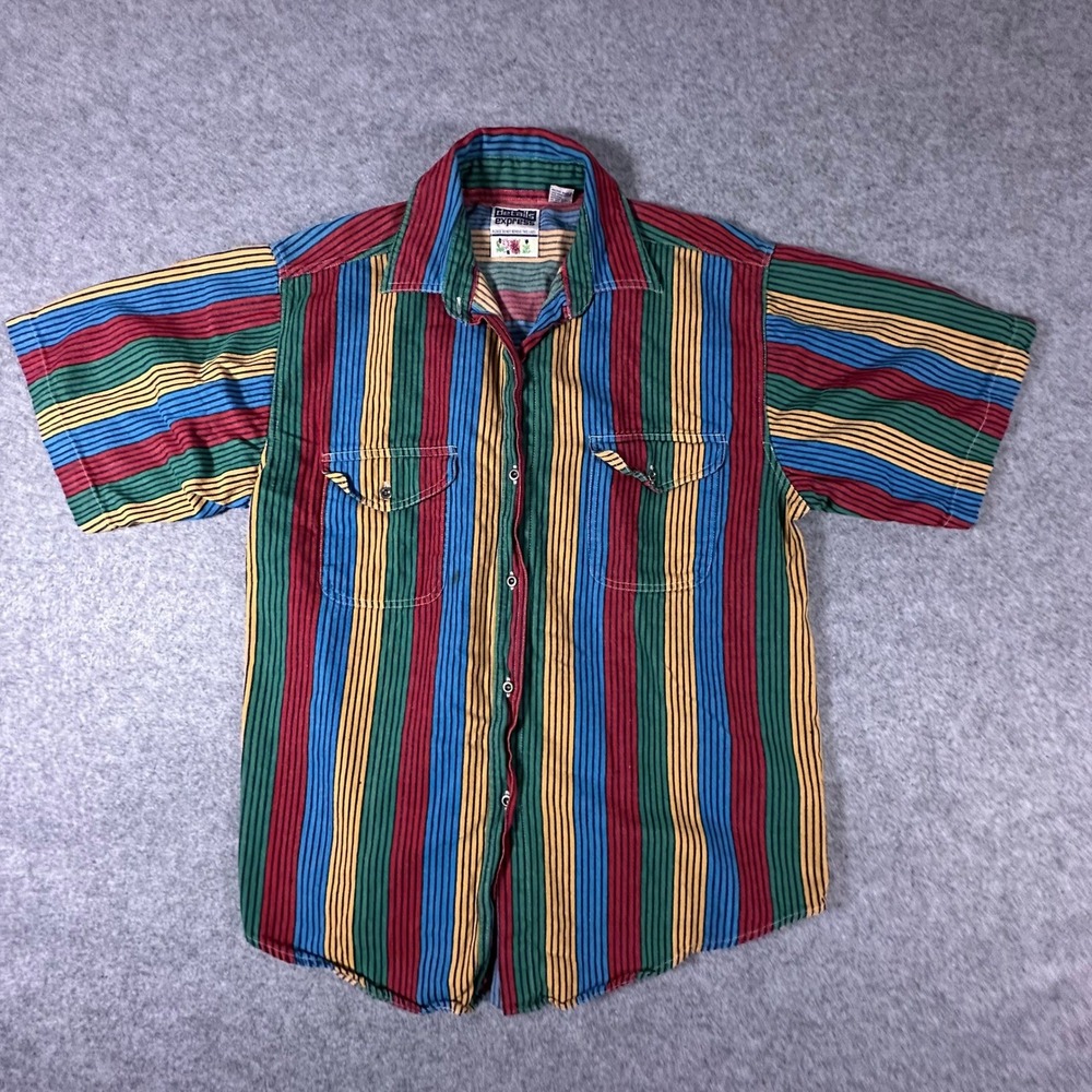 Details Express Button Up Shirt Large Multicolor Mens Vertical Stripe Cotton